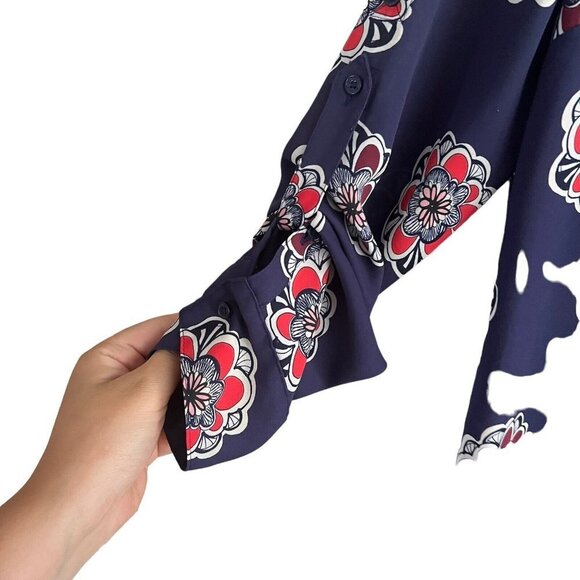 Express Women Size S Portofino Shirt Blouse Button Front Collared Blue Floral - Picture 5 of 12